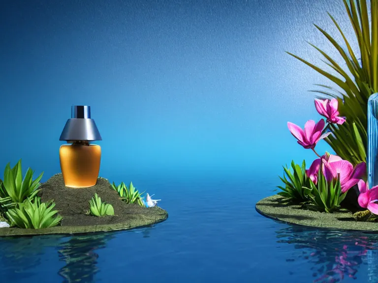 Image similar to perfume bottle standing in a desert oasis in deep blue pond water surrounded by tropical flowers by zaha hadid ; octane highly render, 4 k, ultra hd, 2 0 0 mm, mute dramatic colours, soft blur outdoor stormy sea background, up close shot, sharp focus, global illumination, irakli nadar