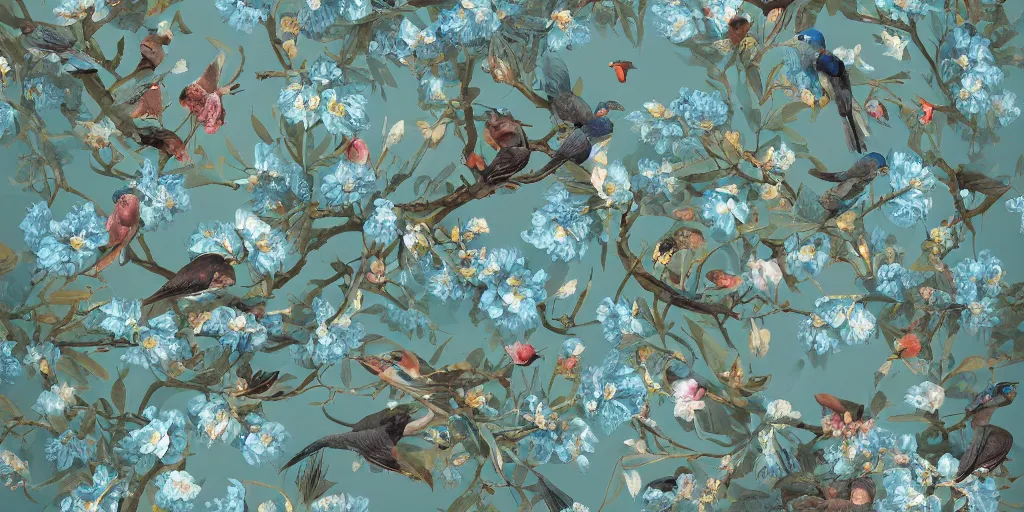 Prompt: breathtaking detailed concept art painting pattern of goddesses of light blue flowers with anxious piercing eyes and blend of flowers and fruits and birds, by hsiao - ron cheng and beto val and john james audubon, bizarre compositions, exquisite detail, extremely moody lighting, 8 k