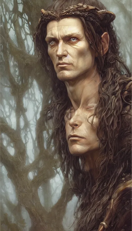 Image similar to Realistic portrait painting of a high fantasy wood elf wizard by John Howe, Greg Rutkowski, Frank Frazetta, Artgerm, Donato Giancola, Christophe Vacher, dramatic lighting