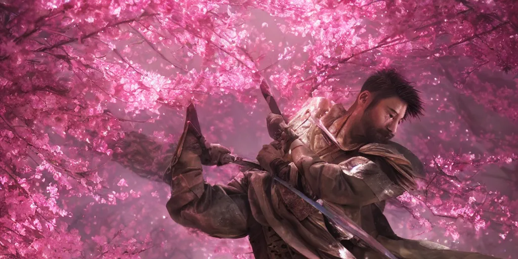 Prompt: a high definition photo of a ronin slashing his sword gracefully in a forest of cherry blossoms as pink petals surround him, artstation, extremely detailed man, stunning volumetric lighting, hyper realism, fantasy 4k