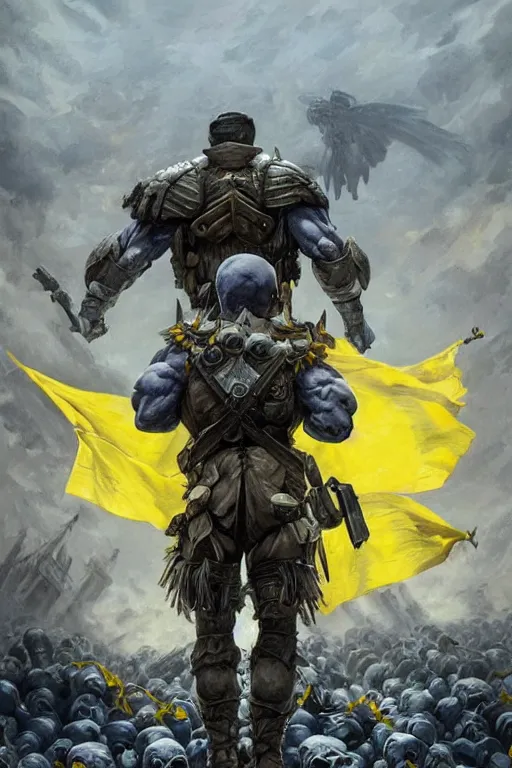 Image similar to a distant shot from behind of a Ukrainian super soldier with blue and yellow flag behind him standing alone on a huge pile of skulls as a winner, masculine muscular figure, D&D, fantasy, intricate, elegant, highly detailed, extremely detailed, digital painting, artstation, concept art, matte, sharp focus, symmetrical, illustration, art by Artgerm and Greg Rutkowski and Alphonse Mucha