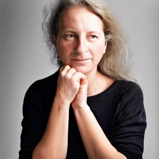 Prompt: portrait of a beautiful young woman, front view. casual clothing. studio photo by annie leibovitz.