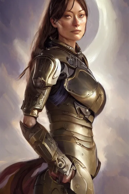 Image similar to a professional painting of a young Olivia Wilde, clothes in military armor, olive skin, long dark hair, beautiful bone structure, symmetrical facial features, intricate, elegant, digital painting, concept art, smooth, sharp focus, illustration, from StarCraft by Ruan Jia and Mandy Jurgens and Artgerm and William-Adolphe Bouguerea