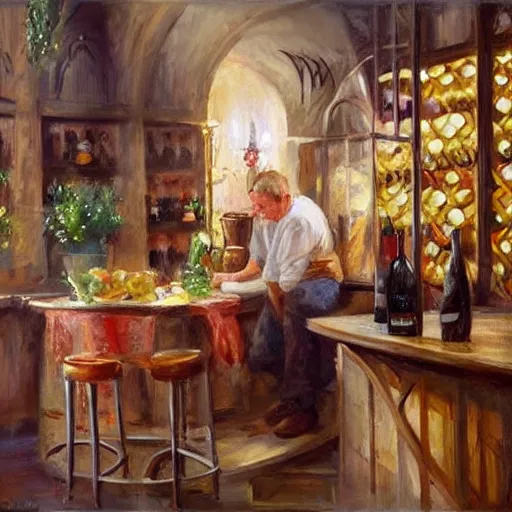 Image similar to wine cellar full of food, torches on the wall, schnapps, romantic, inviting, cozy, blonde woman, painting Vladimir Volegov