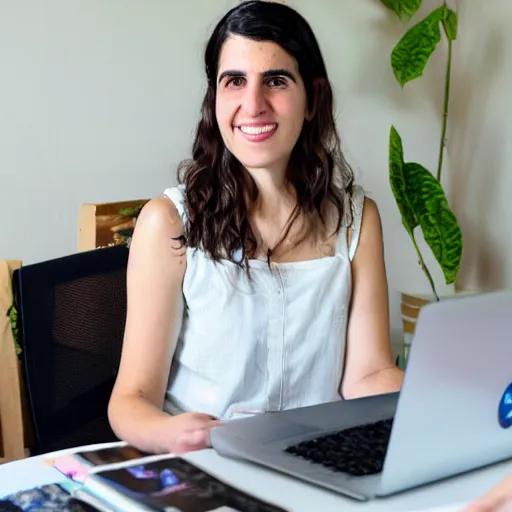 Image similar to A photo of hila klein sitting on a computer scrolling a webpage of etsy.com with clothes designs