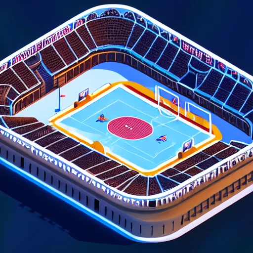 Image similar to Huge hockey arena game illustration, aerial view, isometric Voxel, pixel art, Blizzard, EASports, intricate, elegant, highly detailed, digital painting, artstation, concept art, smooth, sharp focus, art by Roman Klco and Shadow Run, brightly lit cinematic soft lighting, 4k