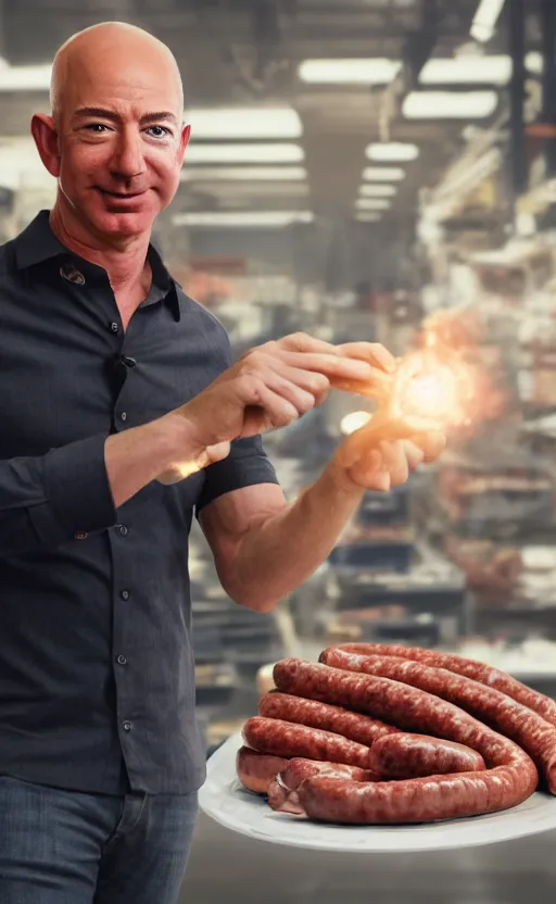 Image similar to Portrait of Jeff Bezos selling a new type of sausage, splash art, movie still, cinematic lighting, dramatic, octane render, long lens, shallow depth of field, bokeh, anamorphic lens flare, 8k, hyper detailed, 35mm film grain