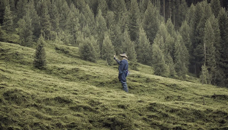 Image similar to tyrolean farmer transforming into a tree, alpine forest, dolomites, muted, bleak, funereal, somber, melancholic, mournful, gloomy, dismal, sad, pale, washed-out, desaturated, grey, subdued, dull, dreary, depressing, weary, tired