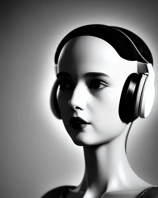 Prompt: black and white dreamy young beautiful female artificial intelligence with a techno headset crown from the future, cinematic, rim light, bokeh, photo - realistic, elegant, high detail, 8 k, masterpiece, photo taken in 1 9 3 0