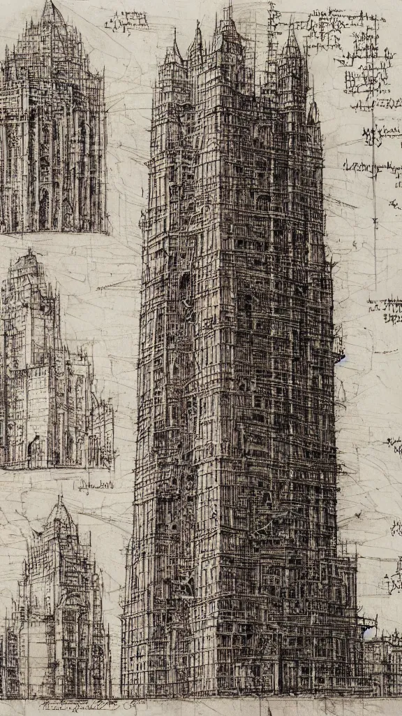 Image similar to architectural design studies of pise tower, schematics, notes, different closeup view, drawn by Leonardo da Vinci, chinese inkpen draw, artistic, intricated details