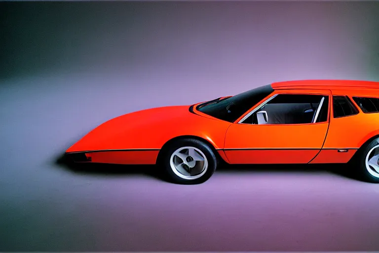 Image similar to designed by giorgetto giugiaro stylized poser of a single 1 9 7 5 estate wagon de tomaso pantera, neon, ektachrome photograph, volumetric lighting, f 8 aperture, cinematic eastman 5 3 8 4 film