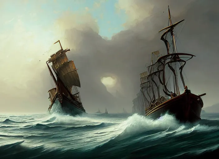 Prompt: classic oil painting, a 1 6 5 0 s classic schooner, as a dnd cover illustration, extremely ominous, concept art, highly detailed, epic, smooth, sharp focus, art by intricate elegant matte painting illustration hearthstone, by greg rutkowski by greg tocchini by james gilleard