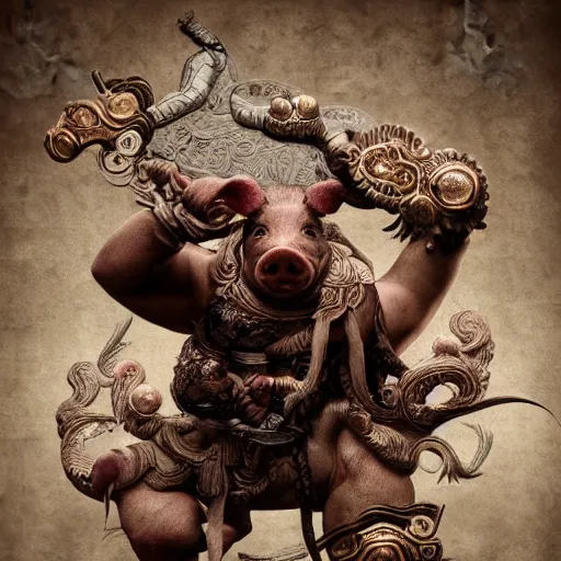 Image similar to The Chinese Zodiac sign of pig warrior, traditional Chinese textures, hyper detail, Unreal engine,Octane render, by Brooke Shaden