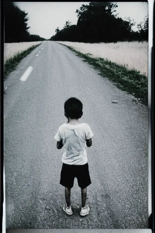 Image similar to photo polaroid of a sad and lonely child in the middle of a road with field hospitals around, pandemic, loneliness, black and white ,photorealistic, 35mm film,