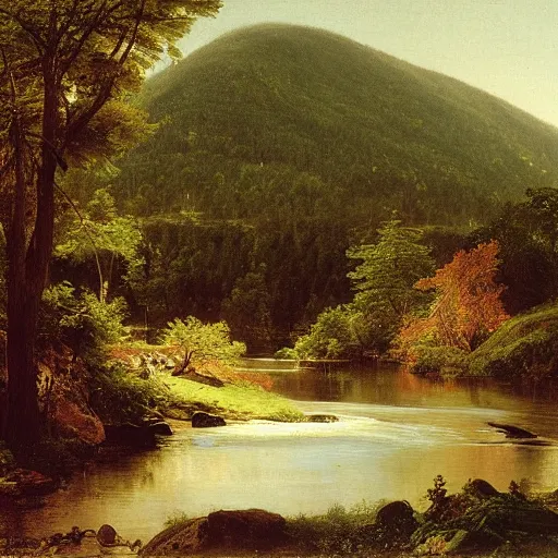 Prompt: scene of the catskill creek, frederic edwin church, asher brown durand