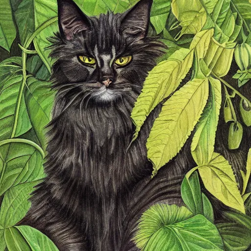 Image similar to a reneissance painting of a maincoon cat among big green leaves, wearing a batman cowl, very detailed, in the style of mantegna