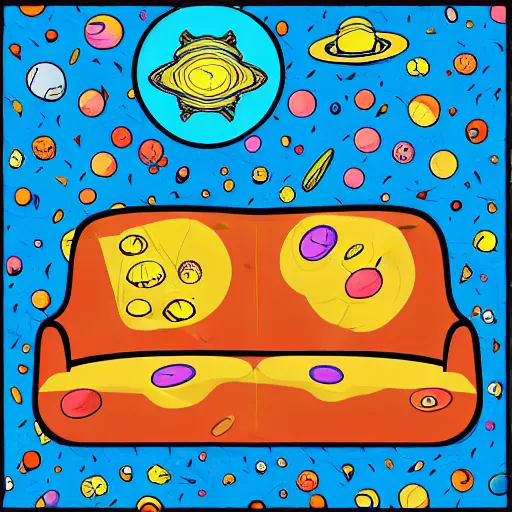 Image similar to psychedelic trippy couch in space, planets, milky way, sofa, cartoon