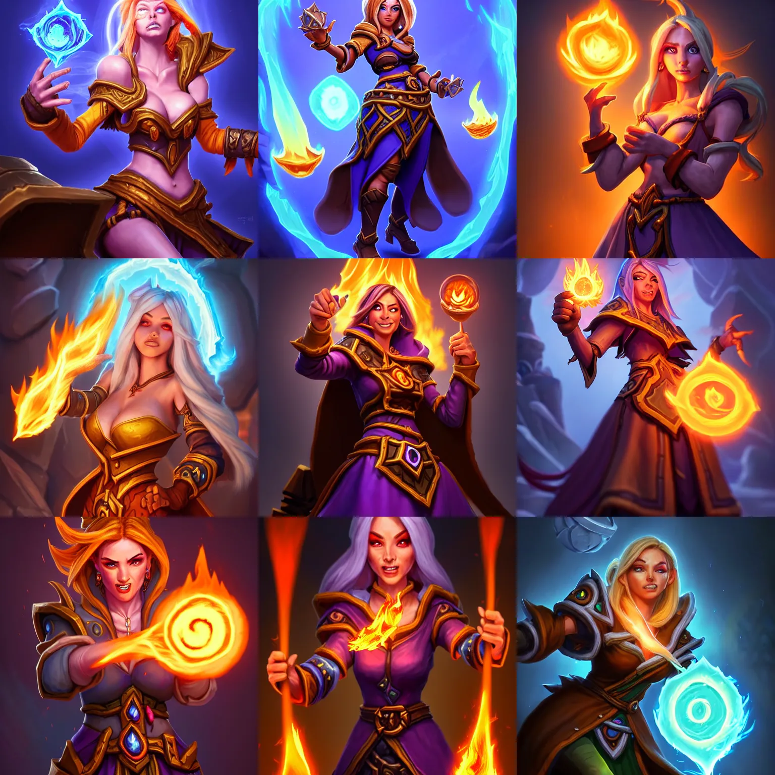 Prompt: Hearthstone official professional art. A sorceress, wearing a robe casting a fire ball. Insanely coherent physical body parts (face, arms, legs, hair, eyes). Full body realistic, sharp focus, 8k high definition, insanely detailed, intricate, elegant, smooth, sharp focus, illustration, ArtStation