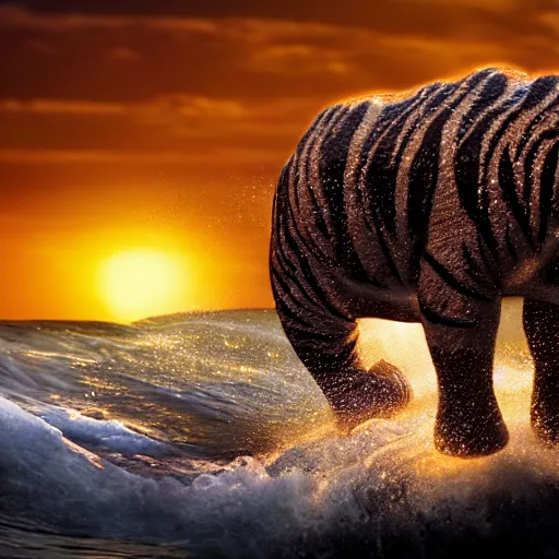 Image similar to a closeup photorealistic photograph of a smiling knitted tiger hippopotamus riding a large wave during sunset. surf in the background. professional capture. brightly lit scene. this 4 k hd image is trending on artstation, featured on behance, well - rendered, extra crisp, features intricate detail, epic composition and the style of unreal engine.