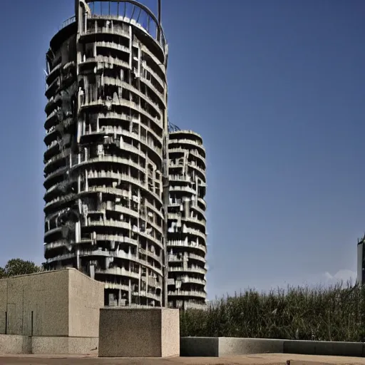 Image similar to a sci - fi brutalist monumental tower, with many towers sprouting from the base tower creating a complex and unique geometric building, photography