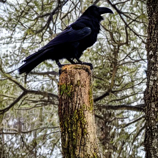 Image similar to A high quality photo of a raven perched on a tree, 4k, detailed, focus on a raven