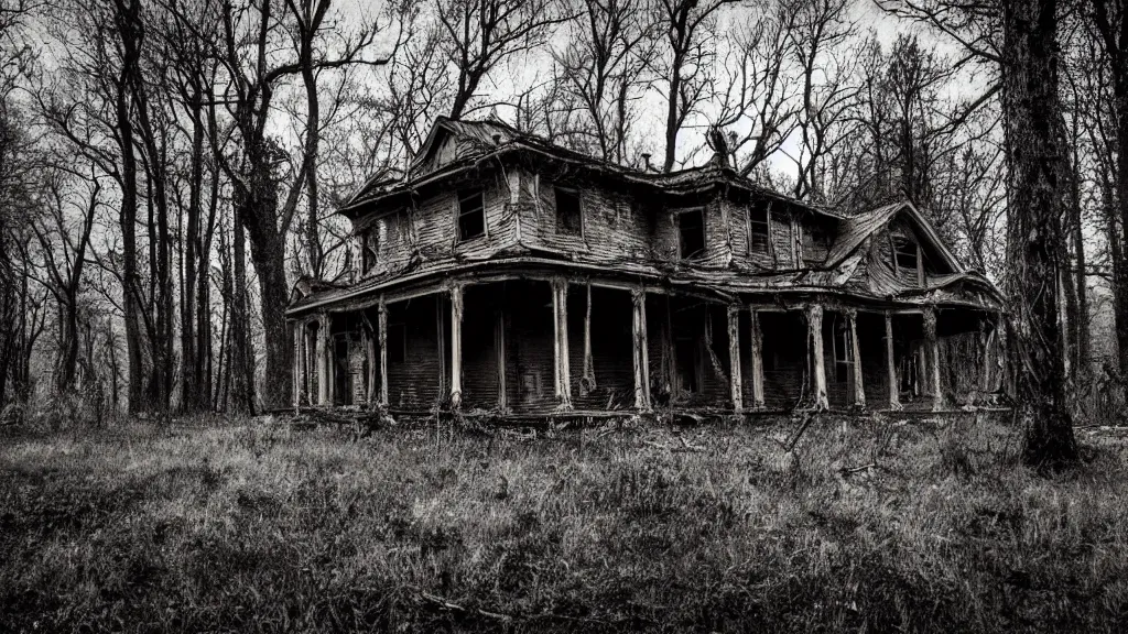 Prompt: old abandoned house in the forest, dark, spooky, dreamlike, in the style of 1 3 ghosts movie, low light, hyperrealistic, coherent composition