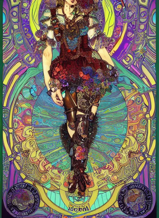 Prompt: realistic detailed psychedelic poster art of a cute steampunk android fractal Día de los Muertos girl dancing by Victor Moscoso Rick Griffin Alphonse Mucha Ayami Kojima Amano Charlie Bowater, masterpiece