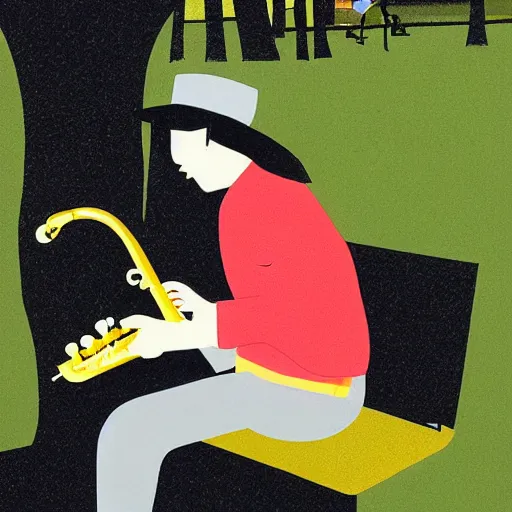 Prompt: crying saxophone player in a park by tatsuro kiuchi