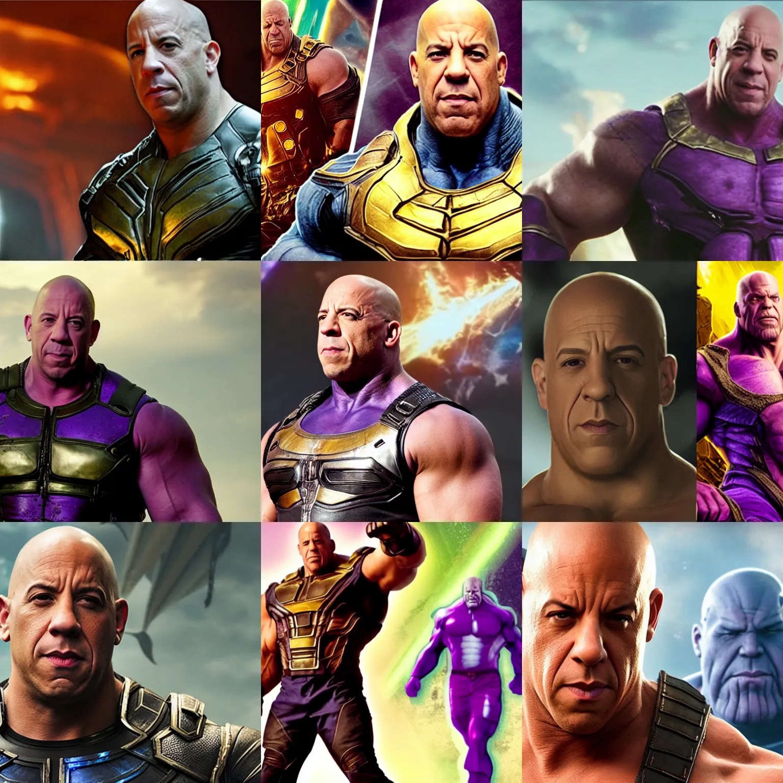 Prompt: vin diesel as thanos, family text, highly detailed, cinematic shot,