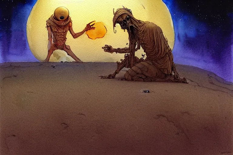 Image similar to a hyperrealist watercolour character concept art portrait of a middle eastern merchant kneeling down in astonishment in front of an alien with 1 2 eyes on a misty night in the desert. a ufo is in the background. by rebecca guay, michael kaluta, charles vess and jean moebius giraud