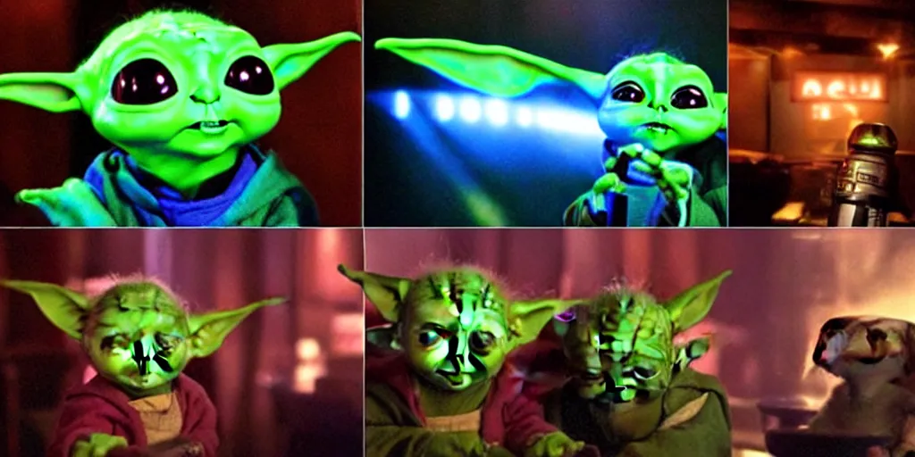 Image similar to baby yoda sings karaoke down at the local pub, rgb ambient lighting, dramatic lighting, style of mandalorian ( tv show ), rougue one ( film ), buzz lightyear ( film ), space odyssey 2 0 0 1 ( film )