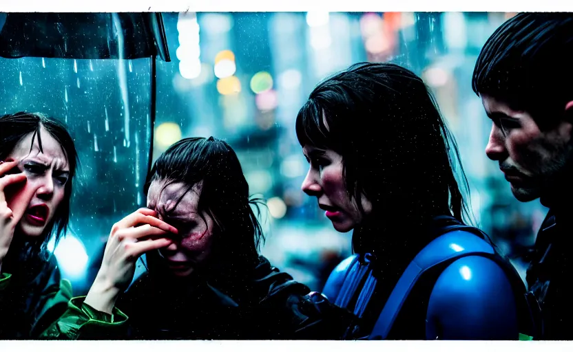 Image similar to cinestill 5 0 d candid photographic portrait by stanley kubrick of two loving female androids sobbing wearing rugged black mesh techwear in treacherous waters, flooded city, long shot, retrofuturism cyberpunk moody emotional cinematic, pouring iridescent rain bright spotlight helicopter, 8 k, hd, high resolution, 3 5 mm, f / 3 2, ultra realistic faces, ex machina