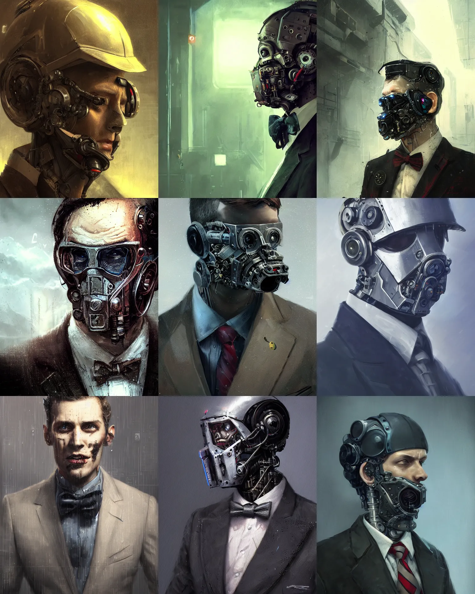 Image similar to a rugged young engineer man with cybernetic enhancements wearing a suit and bowtie, detailed mask, scifi character portrait by greg rutkowski, esuthio, craig mullins, 1 / 4 headshot, cinematic lighting, dystopian scifi gear, gloomy, profile picture, mechanical, half robot, implants, steampunk