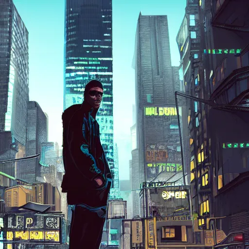 Prompt: An illustration of a cyberpunk world in New york, photorealistic, there's a man standing in front of new york, 8k, digital art