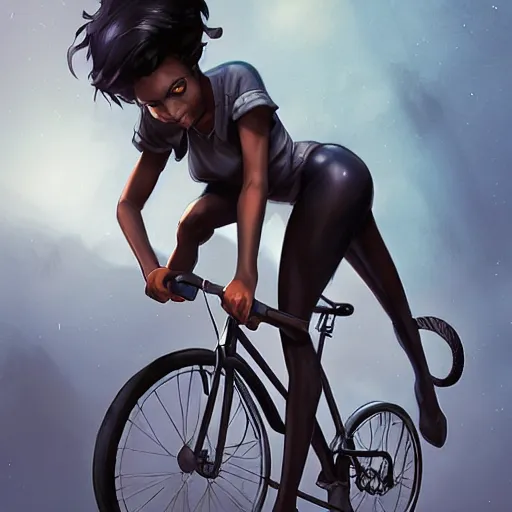 Image similar to short woman dark skin, black hair, pony tail with a old cicycle by Stanley Artgerm Lau, WLOP, Rossdraws, James Jean, Andrei Riabovitchev, Marc Simonetti, Yoshitaka Amano, ArtStation, CGSociety