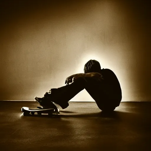 Prompt: tony hawk with his legs amputated, crying, photograph, black and white, emotional lighting, moody shadows, 4 k