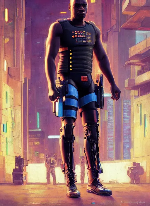 Image similar to Chidi Igwe. Buff Cyberpunk policeman with robotic legs. (Cyberpunk 2077, bladerunner 2049). handsome face. Iranian orientalist portrait by john william waterhouse and Edwin Longsden Long and Theodore Ralli and Nasreddine Dinet, oil on canvas. Cinematic, vivid colors, hyper realism, realistic proportions, dramatic lighting, high detail 4k