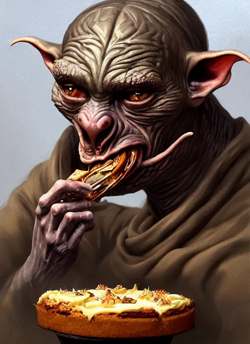 Image similar to profile face portrait of a medieval goblin eating cakes in the cloisters, beautiful face, hyper realistic, highly detailed, digital painting, artstation, illustration, concept art by hyung tae and frank frazetta, digital paint, matte paint, washed colors, dark, gloomy