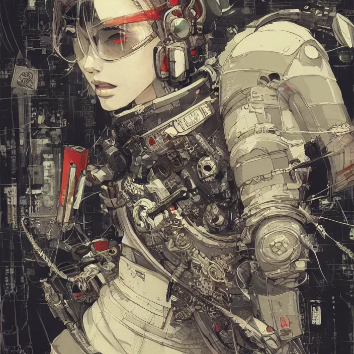 Image similar to a beautiful ukiyo painting of cyberpunk battle space pilot, wearing space techwear, detailed symmetrical close up portrait, intricate complexity, concept art, by takato yamamoto, wlop, krenz cushart. cinematic dramatic atmosphere, sharp focus