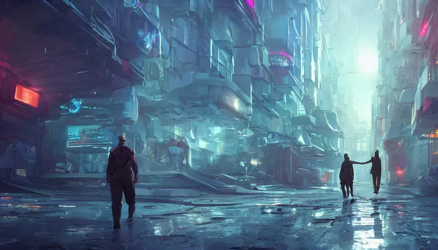 Prompt: man walking his dog in an abandoned futuristic city covered by vegeration, sunset, bright light, hyperdetailed, artstation, cgsociety, 8 k