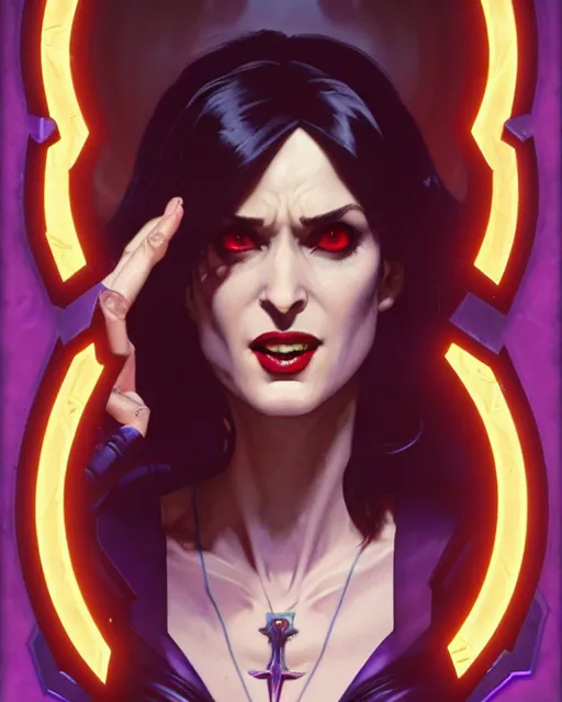Image similar to winona ryder as scream queen, supervillain, villainess, comic cover painting, masterpiece artstation. 8 k, sharp high quality artwork in style of wayne reynolds, alphonse mucha, greg rutkowski, and don bluth, concept art by jack kirby, blizzard warcraft artwork, hearthstone card game artwork