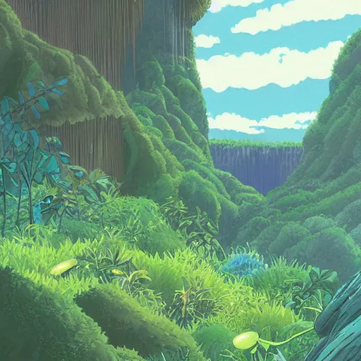 Image similar to illustration of a lush natural scene on an alien planet by studio ghibli. very detailed. beautiful landscape. weird vegetation. cliffs and water.