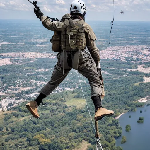 Image similar to Special Forces in grey uniform rappelling from a helicopter in Ukraine 2022, photo by Adam Ferguson, Pulitzer Winning, cinematic composition, breathtaking, modern, 2022