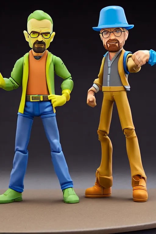 Image similar to walter white and jesse pinkman as disney infinity figures, no articulation, highly detailed, clean forms with sharp stylized clothing folds, product photo