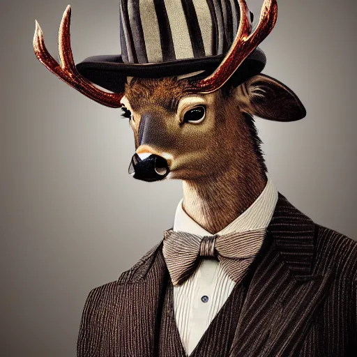 Image similar to a upper body portrait of a deer in a pinstriped suit and pants wearing a fedora with the antlers sticking out of the fedora by artgerm and wlop, intricate detail, digital art, photorealistic, trending on artstation