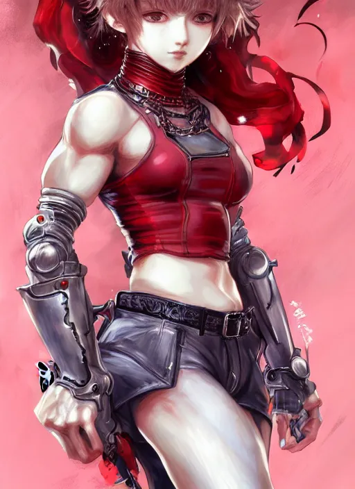 Image similar to fullbody!! yoshitaka amano and ayami kojima gorgeous girl symmetrical face, short red hair, crop top, shorts, dynamic action pose, hyper detailed, character concept, intricate, elegant, digital painting, artstation, smooth, sharp focus