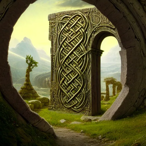 Image similar to a beautiful and highly detailed matte painting of an ancient celtic elven doorway to heavan, celtic knots, epic scale, insanely complex, hyperdetailed, sharp focus, hyperrealism, artstation, cgsociety, 8 k, by caspar friedrich, albert bierstadt, james gurney, brian froud,