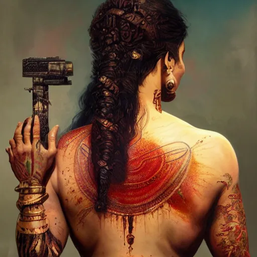 Image similar to portrait painting of a muscular bloodied indian woman lower back, tattooed, wearing sari, ultra realistic, concept art, intricate details, eerie, highly detailed, photorealistic, octane render, 8 k, unreal engine. art by artgerm and greg rutkowski and alphonse mucha