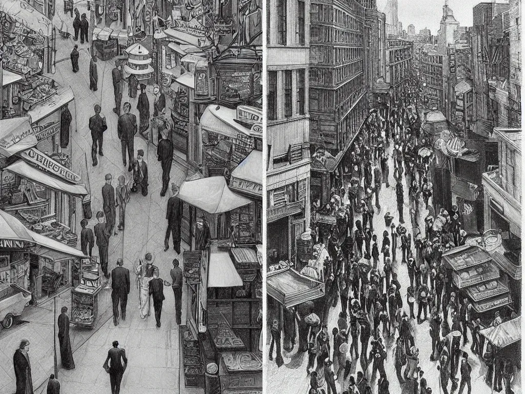 Prompt: glorious pencil illustration by Jean Giraud, surrealist aerial overhead view of curly headed tan man in suit walking through crowded downtown market by Edward Hopper, by Jean Giraud