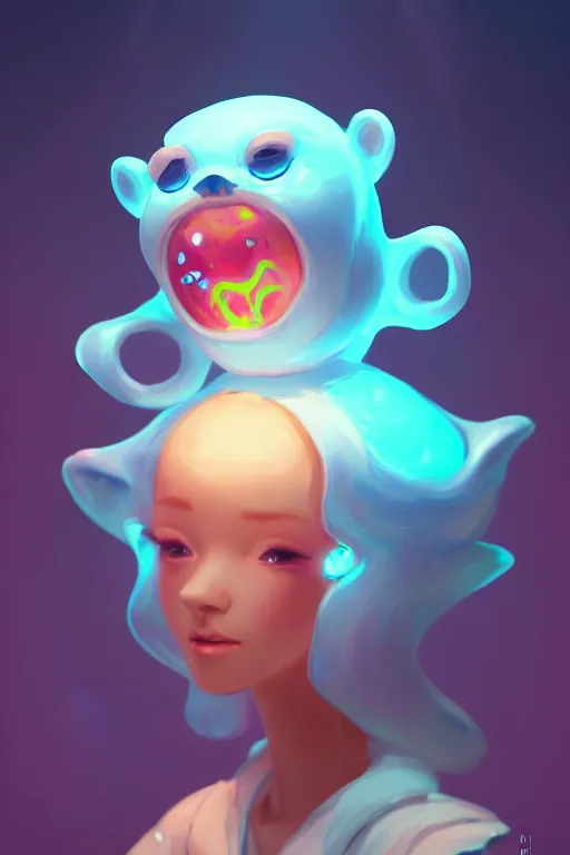 Image similar to super cute Bioluminescent melting ice cream character concept, soft light, soft mood, realistic body features and face, illustration, painting oil on canvas by Elena Zhurikhina and Goro Fujita and Charlie Bowater, octane render trending on artstation, 4k, 8k, HD